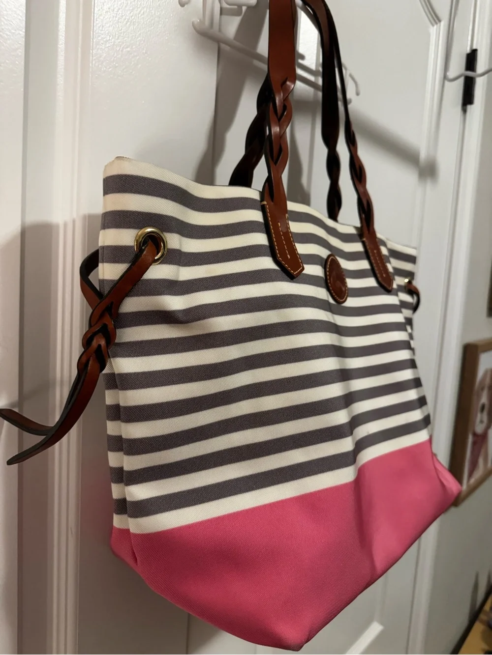 Dooney & Bourke Striped Canvas Tote with Pink Accent and Brown Leather Handles
